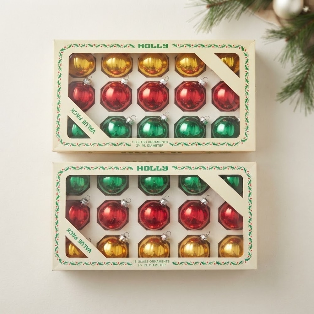 Vtg 2 Box Holly Glass Christmas Ornaments Balls 30pc Total Shiny Brite Style